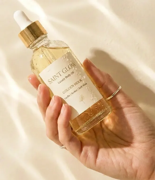 Golden Saint Glow body oil poured into hand