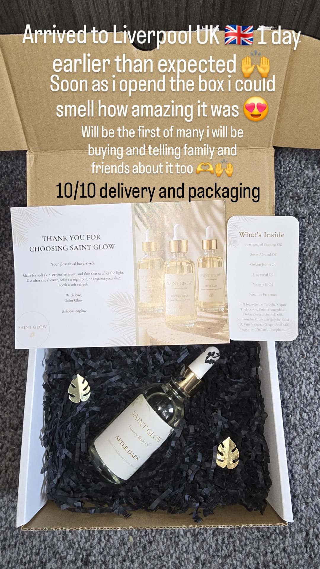 Customer unboxing photo of After Dark body oil
