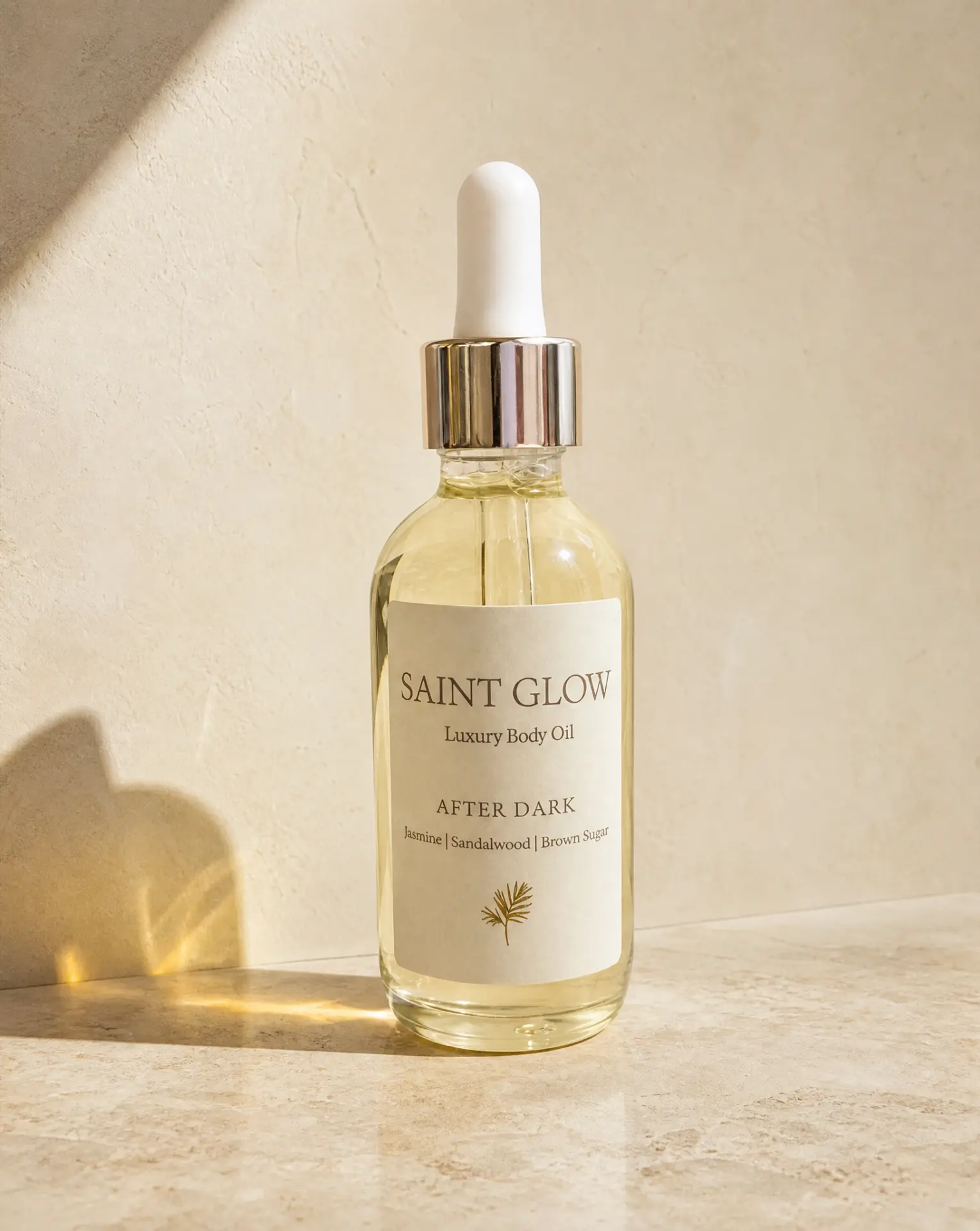 Saint Glow body oil texture on travertine in warm light