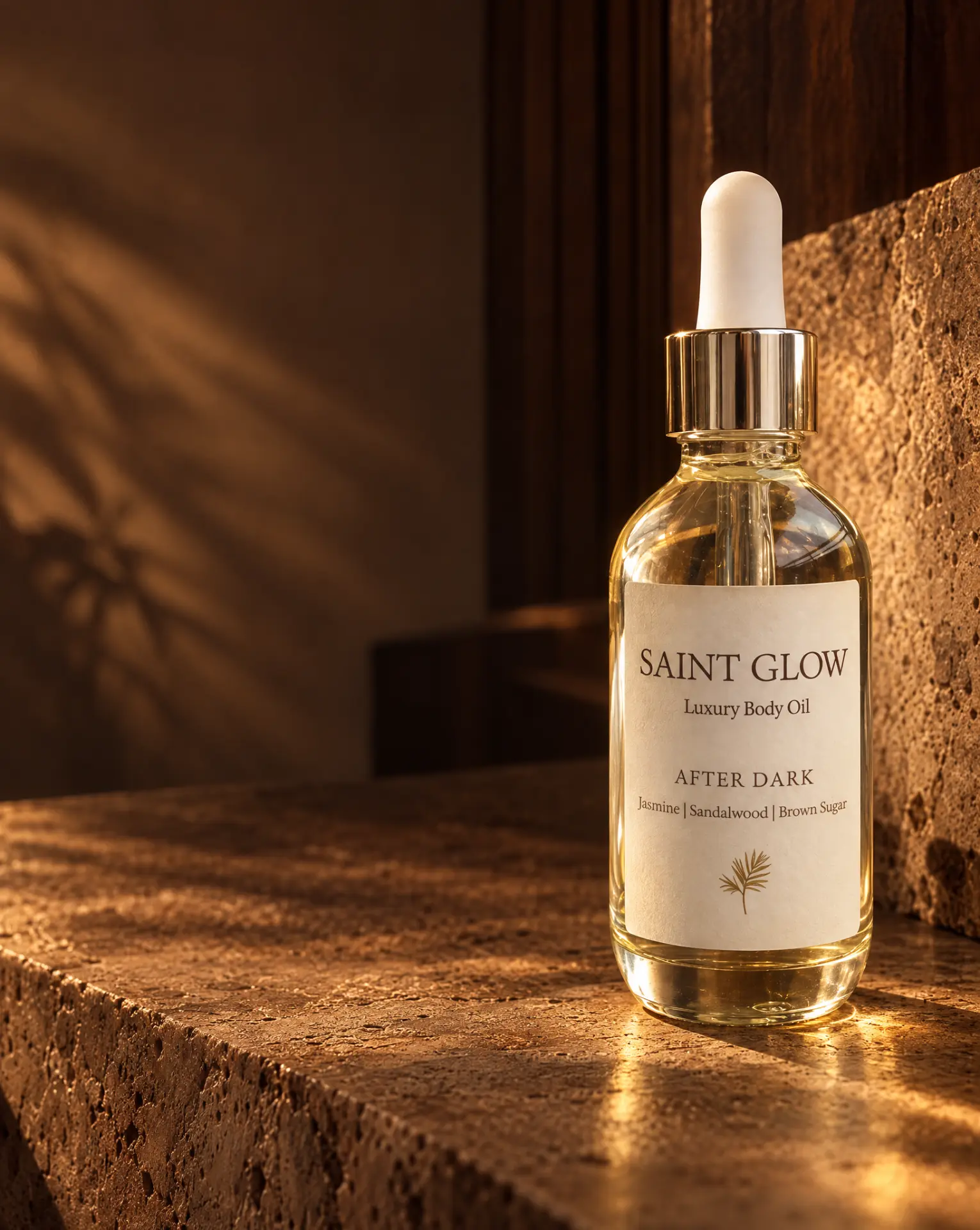 Saint Glow After Dark body oil on travertine in warm evening light