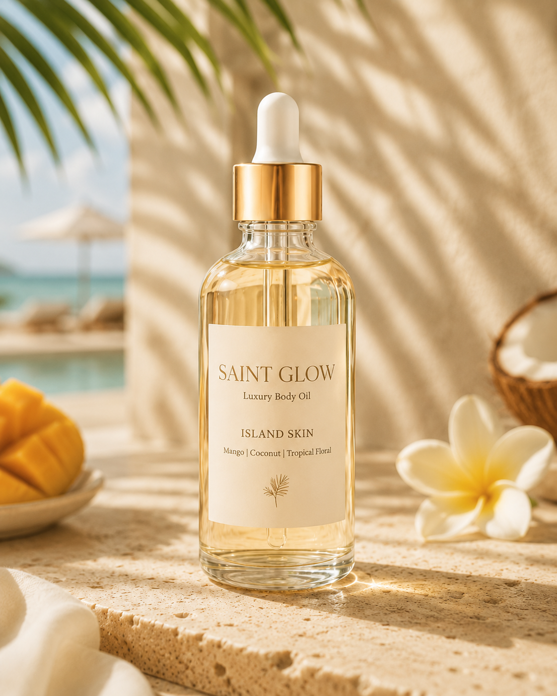 Saint Glow luxury body oil bottles in warm sunlight on travertine